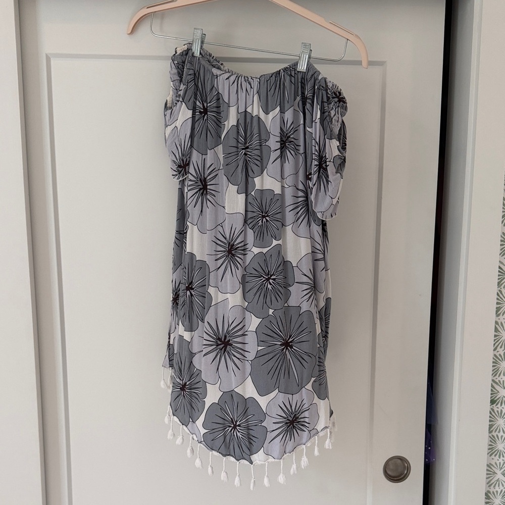 Ava Sky/ Fighting Eel Off-Shoulder Dress with Tassels